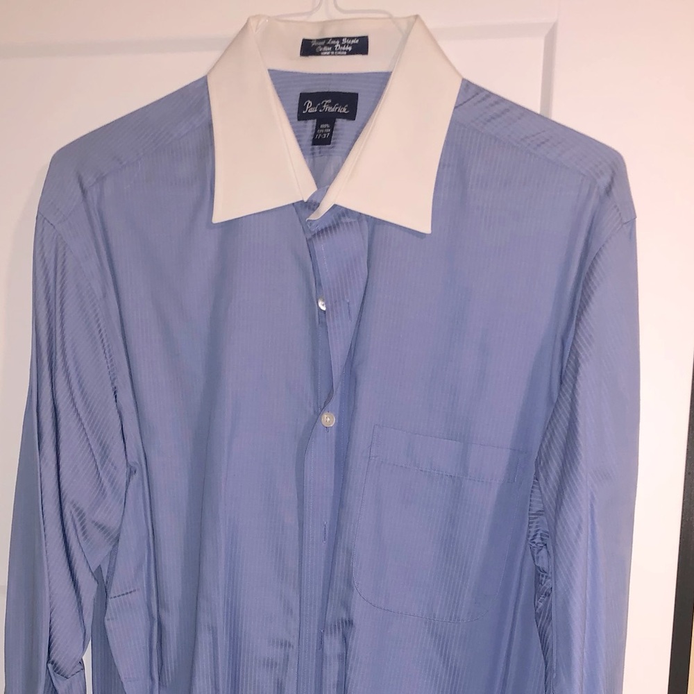 Paul Fredrick, Blue Mini Stripe 100% Cotton, long sleeve, Sz 17-37, 1-pocket
